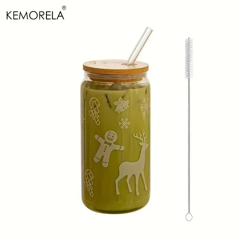 Christmas Glass Tumbler 480ml – Xmas Tree & Elk Cup, Lid & Straw Glass Tumbler Set Axl B 480ml