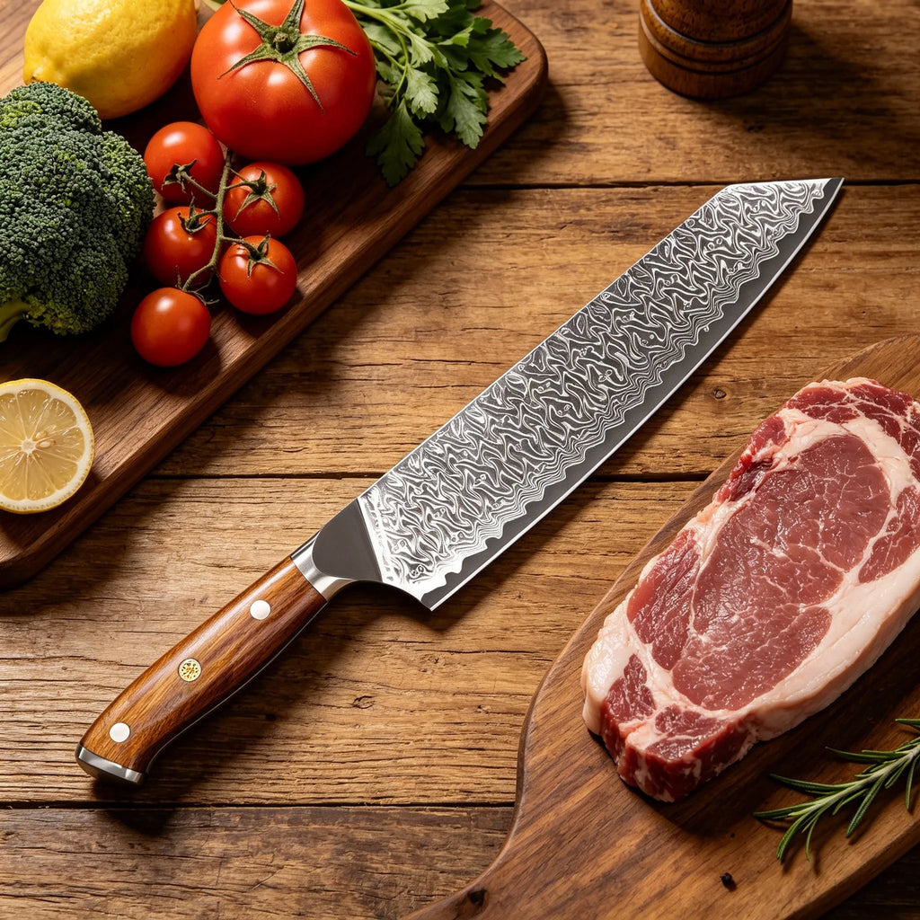 Hand Forged Kiritsuke Damascus Steel Kitchen Knife – 20cm Damascus Kitchen Knife Axl