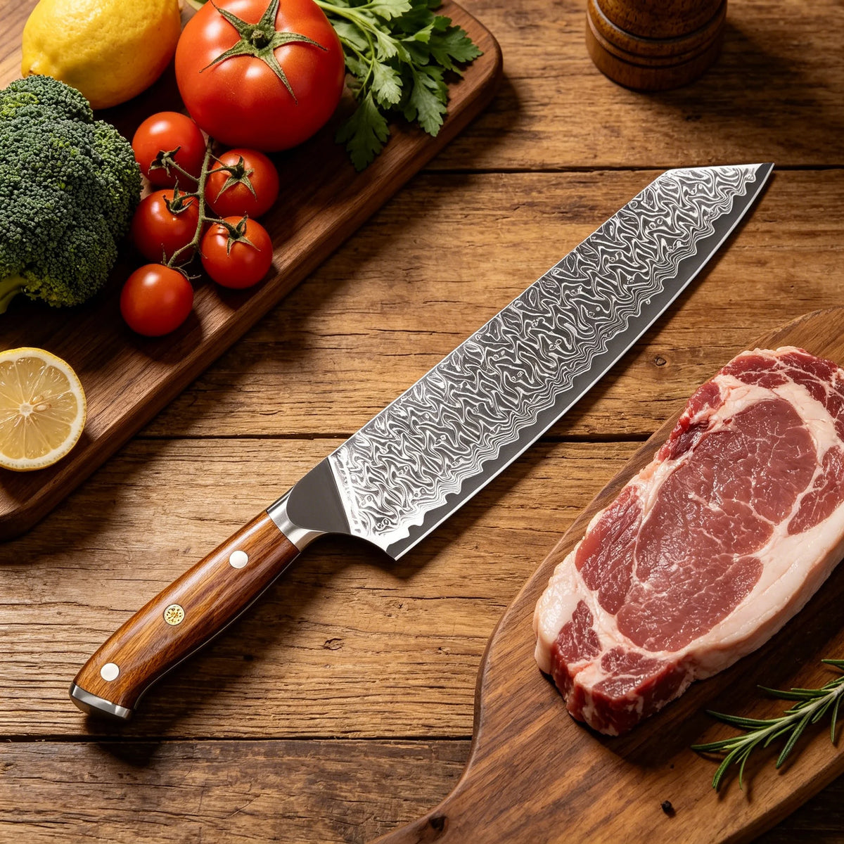 Hand Forged Kiritsuke Damascus Steel Kitchen Knife – 20cm Damascus Kitchen Knife Axl