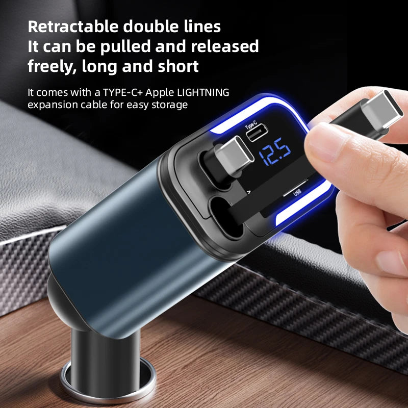 4-in-1 PD30W Retractable Car Charger USB-C & USB-A Fast Charge Retractable Car Charger Axl