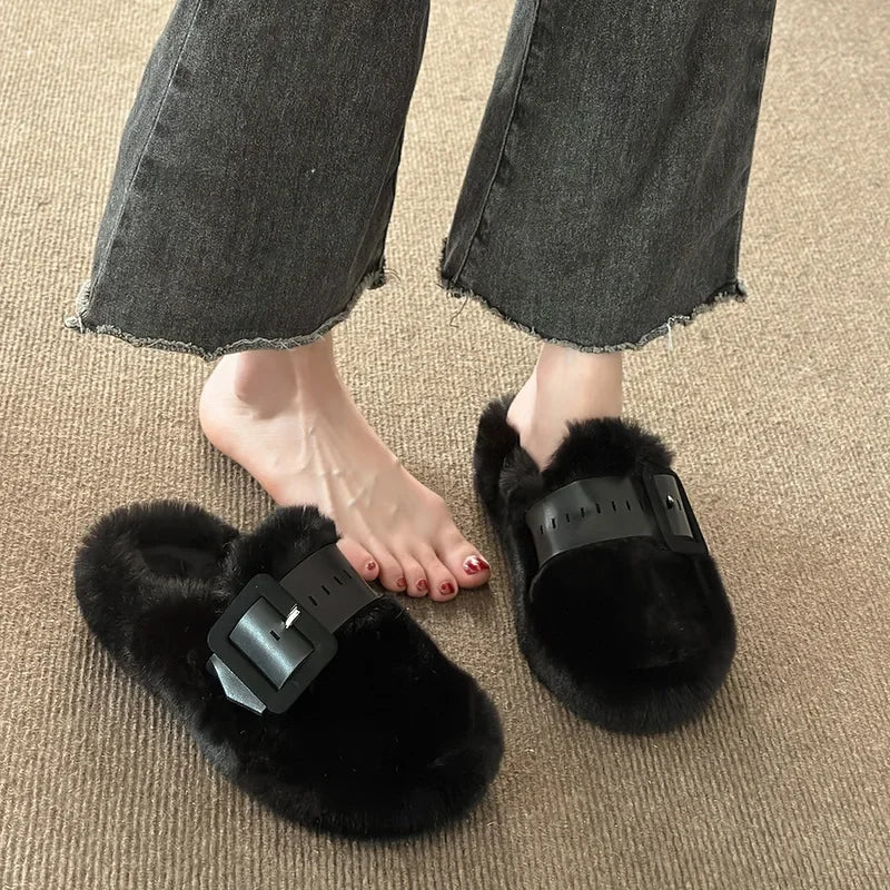 Women's Fluffy Wool Fur Slides – Warm Plush Winter Slippers Fur Mule Slippers Axl