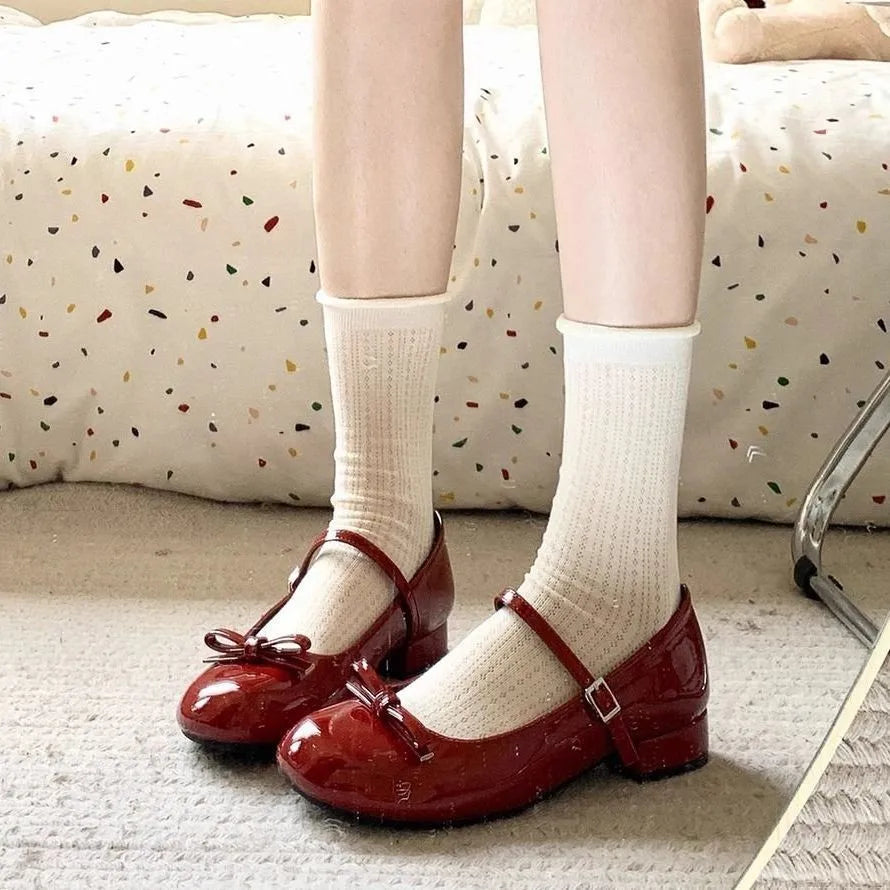 Women's Wine Red Mary Jane Shoes – Butterfly-Knot Block Heel Women's Mary Jane Shoes Axl