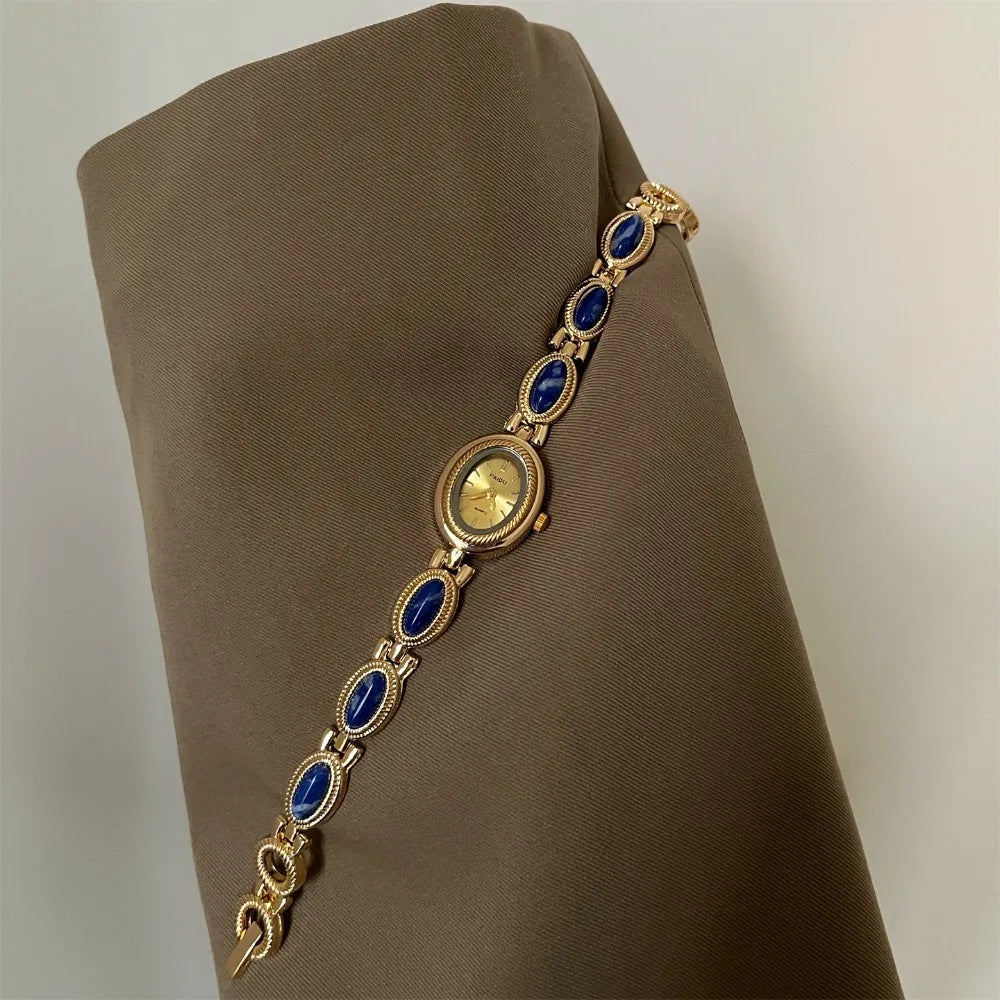 Luxury Oval Bracelet Watch – Vintage Gemstone Quartz Women Bracelet Watch Axl Blue