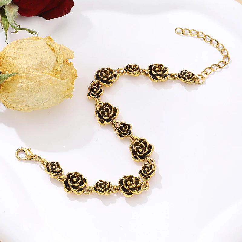Retro Vintage Rose Flower Bracelet – Women's Gold Silver Chain Charm Bracelet Axl