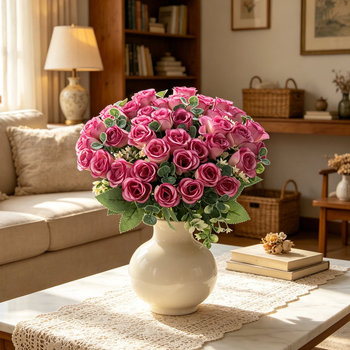Artificial Silk Rose Bouquet | Eucalyptus Fall Home Decor Artificial Flower Bouquet Axl