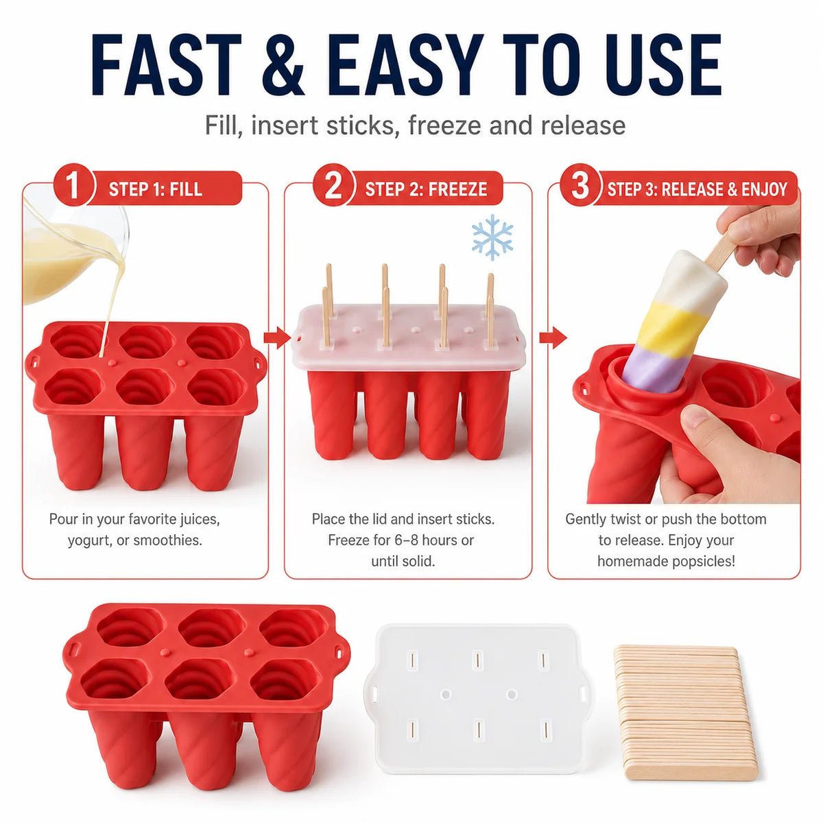 Silicone Popsicle Molds 6-Cavity Spiral Ice Pop Maker + 50 Sticks Ice Pop Mold Axl