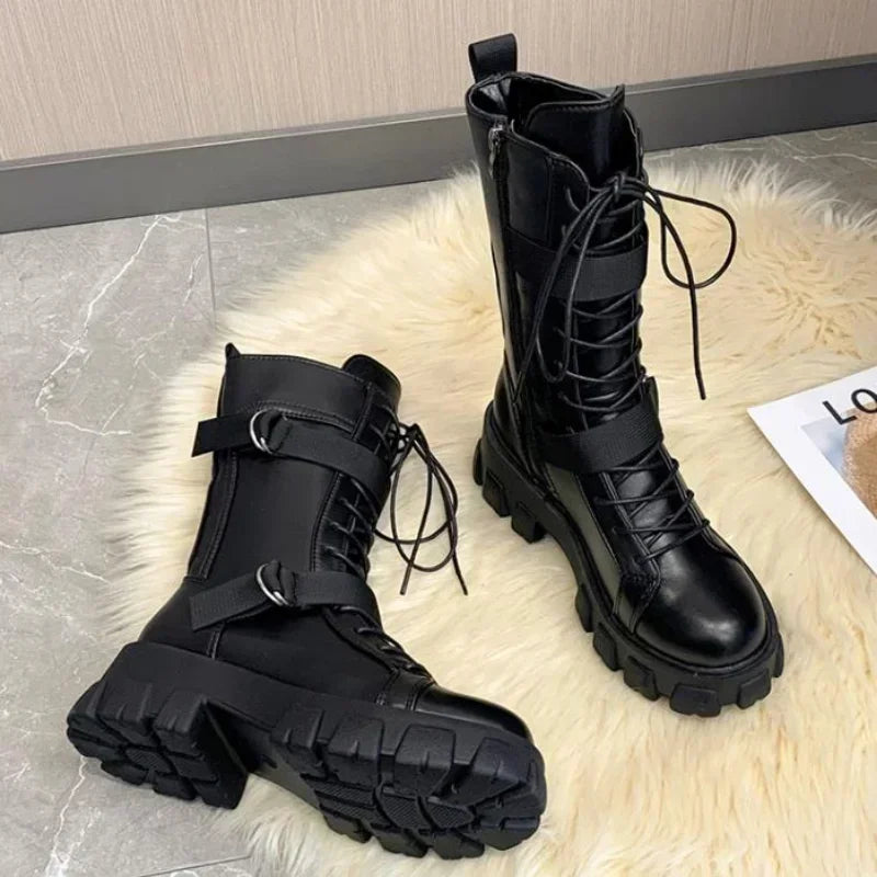 Women's Punk Gothic Mid-Calf Motorcycle Boots – Lace-Up Motorcycle Boots Axl