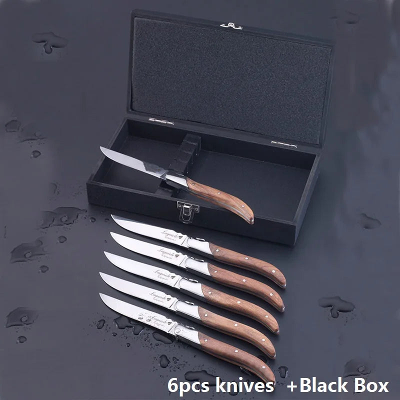 Laguiole Steak Knife Set – Olive Wood Handle, Polished Blade Steak Knife Set Axl 6pcs knives box