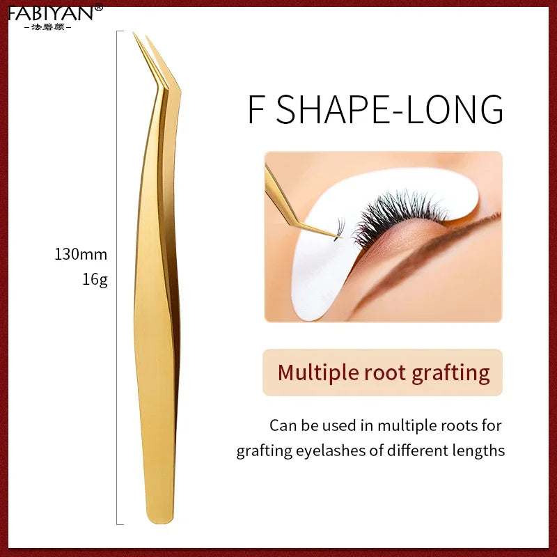 Stainless Steel Eyelash Tweezer – Lash Extension & Nail Art Tool Eyelash Tweezer Axl Gold F Shape long-1
