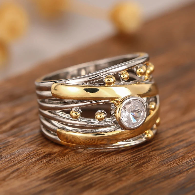Huitan Two-Tone Cubic Zirconia Ring – Women's Fashion Band Fashion Ring Axl