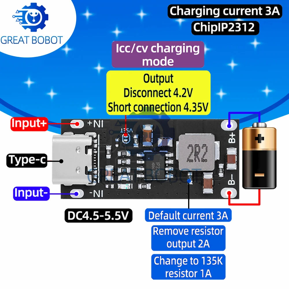 IP2312 USB-C 3A Fast Charging Board – 5V to 4.2V Li-Po Module Battery Charging Module Axl Default Title