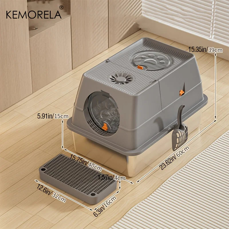 KEMORELA XL Stainless Steel Cat Litter Box – High-Sided + Scoop Cat Litter Box Axl Dark Grey XL