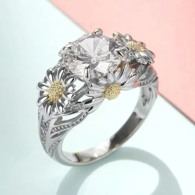Huitan Sunflower Ring Women – Cubic Zirconia Brass Fashion Band Fashion Ring Axl