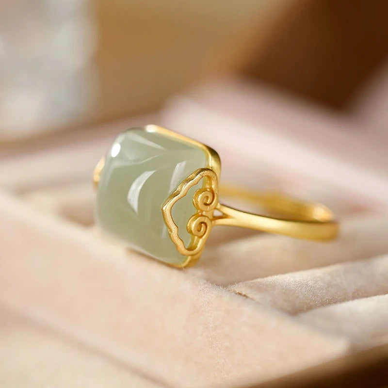 Vintage Auspicious Clouds Imitation Jade Adjustable Ring Women Adjustable Fashion Ring Axl A