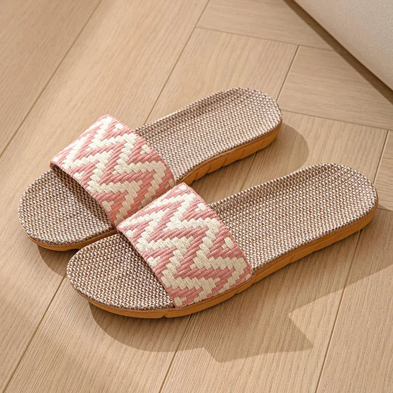 Women's Linen Indoor Slippers – Anti-Slip Thick Sole House Slides Indoor House Slippers Axl Pink 35-36