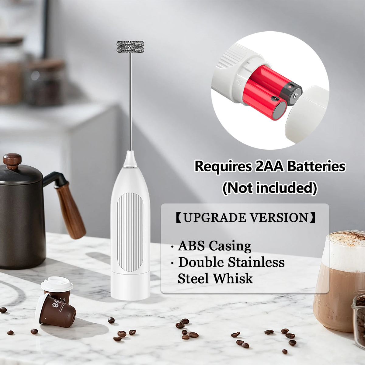 Handheld Milk Frother – Battery Operated Whisk & Foam Mixer Milk Frother Wand Axl Upgrade White