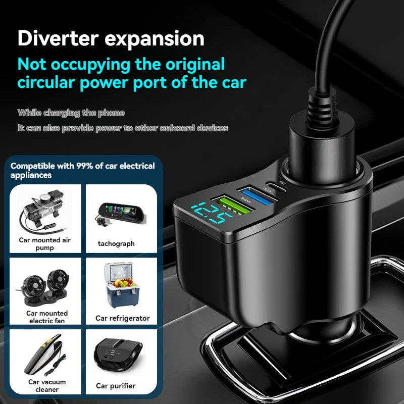 4-in-1 Car Charger – Dual USB + Type-C PD Fast Charging 12/24V Car Charger Adapter Axl