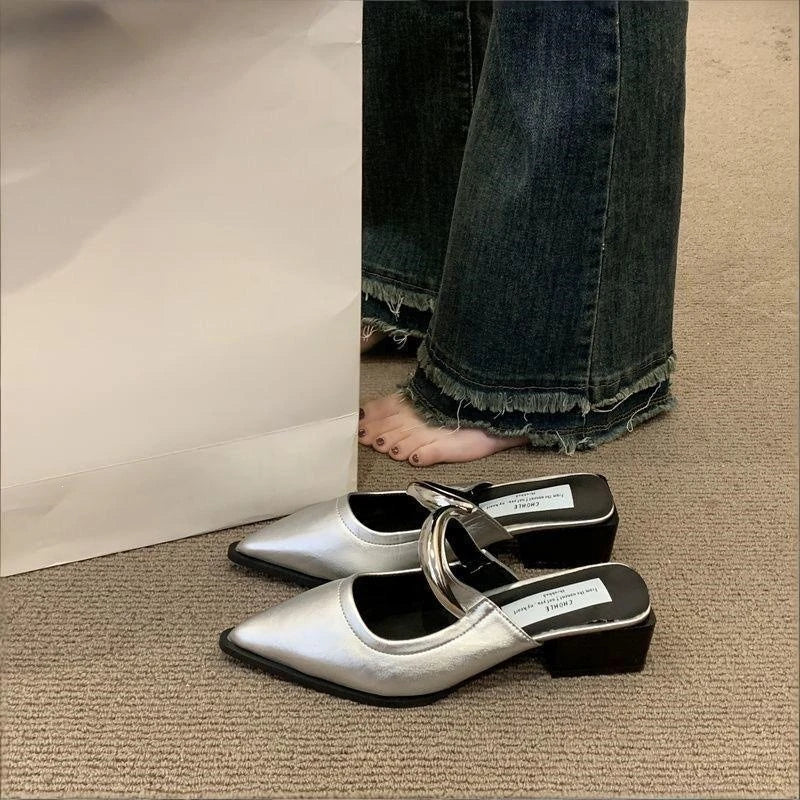Women's Closed Toe Mule Slippers | Metal Detail Square Heel Slides Women's Mule Slippers Axl
