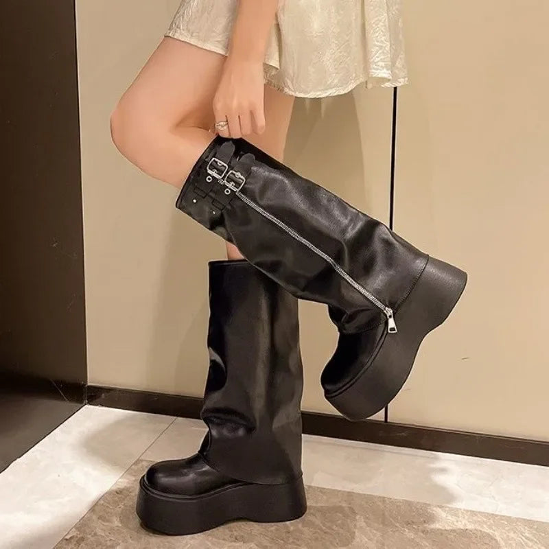 Women's Tassel Motorcycle Boots – Retro Gothic Mid-Calf Heels Motorcycle Boots Axl