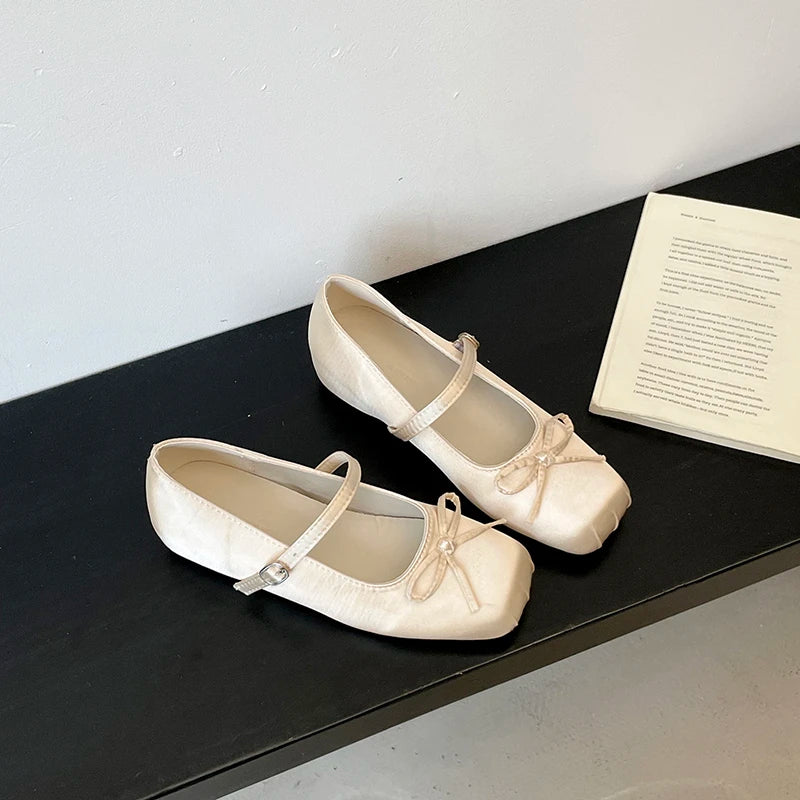 Satin Butterfly-Knot Mary Jane Pumps | Square Toe Buckle Strap Mary Jane Pumps Axl Apricot 35