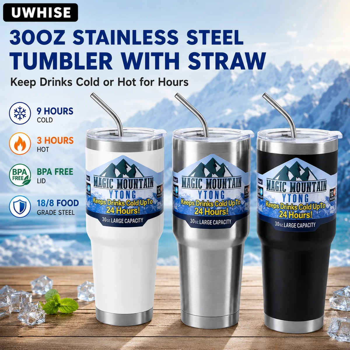 Uwhise 30oz Insulated Tumbler Vacuum Travel Mug with Straw Insulated Travel Tumbler Axl