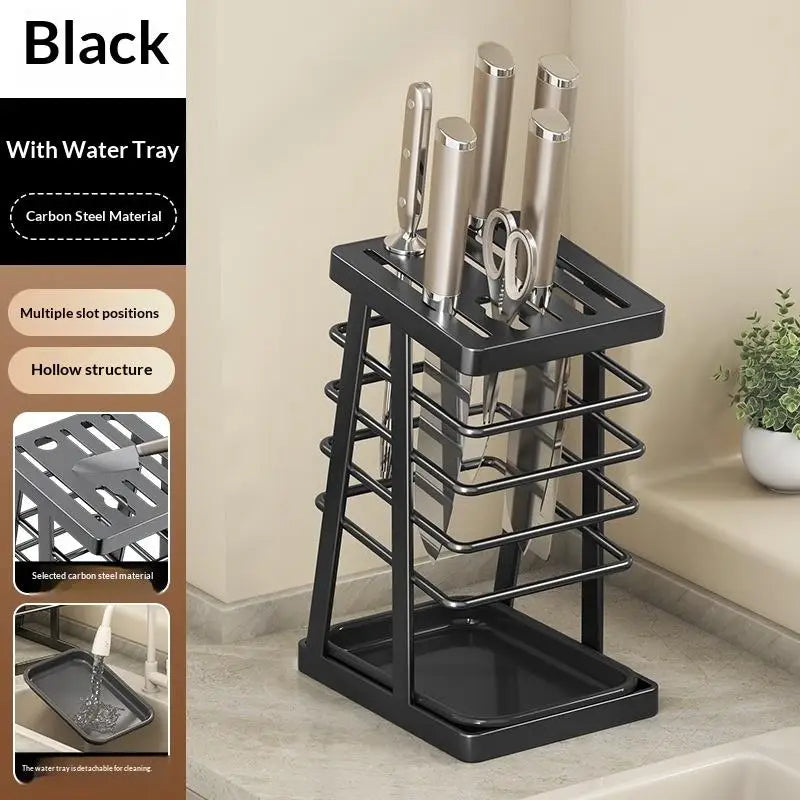 Countertop Knife Stand with Drain Tray | Kitchen Knife Rack Knife Storage Rack Axl Black