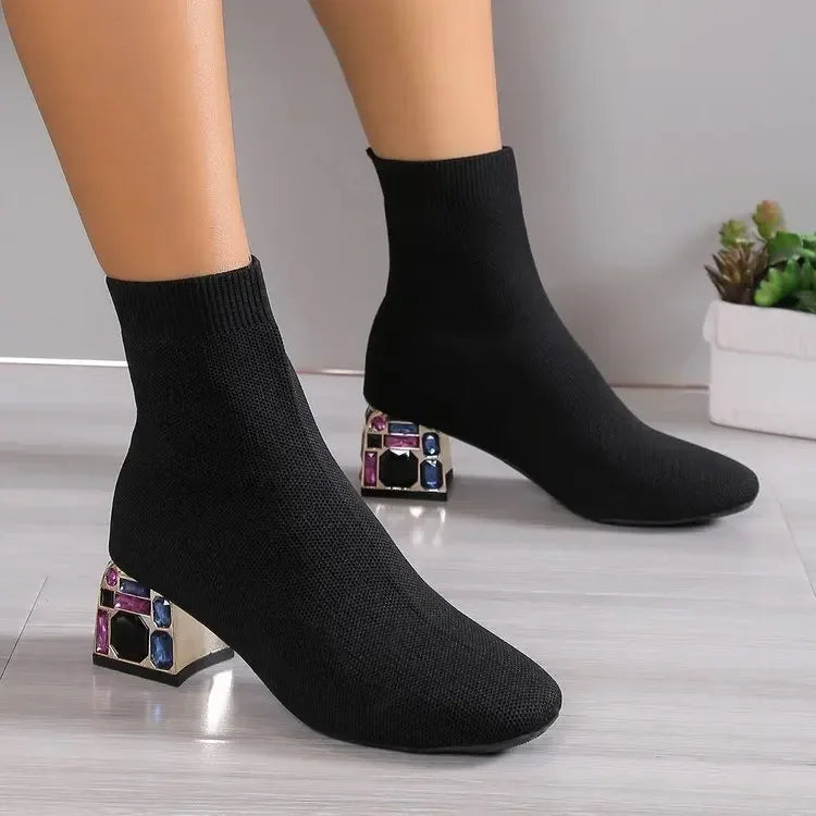 Women's Stretch Sock Ankle Boots – Square Heel & Knit Upper Sock Ankle Boots Axl