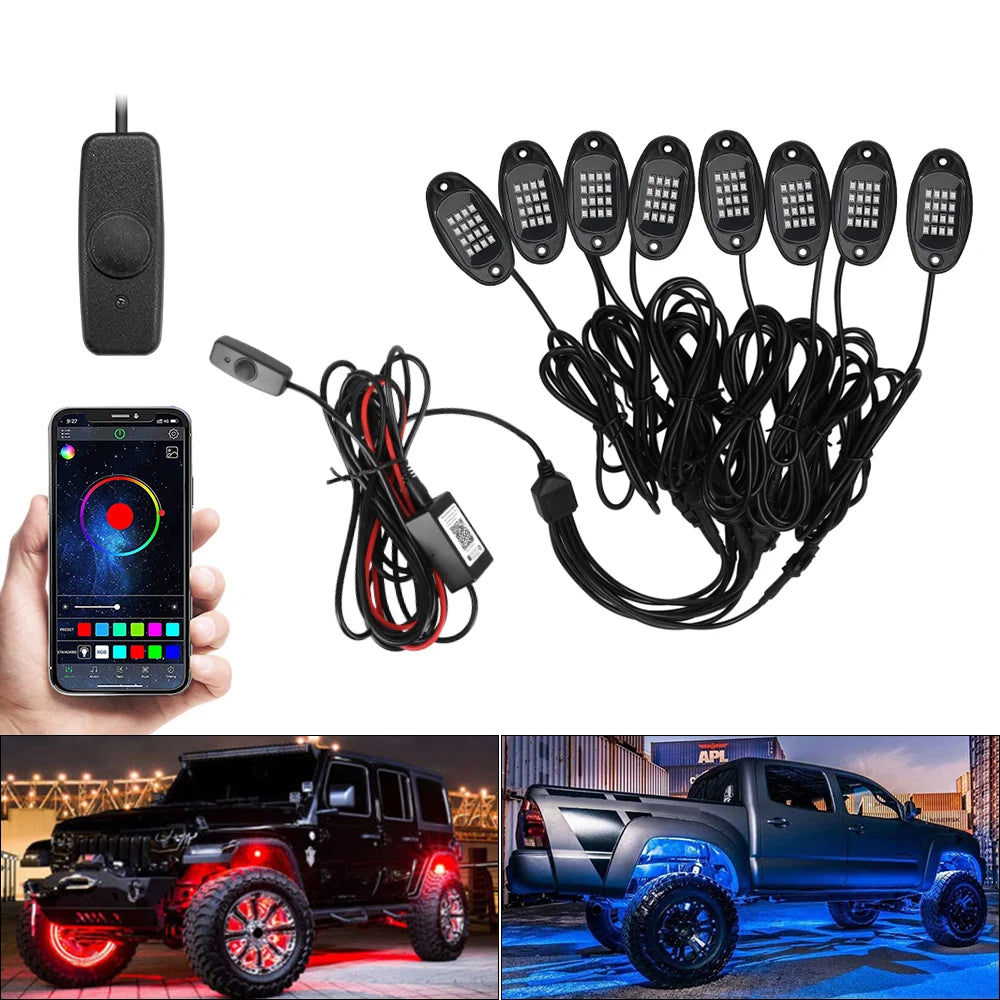 RGB LED Rock Lights Bluetooth APP Music Sync | 4/6/8 Pod Kit LED Rock Light Kit Axl