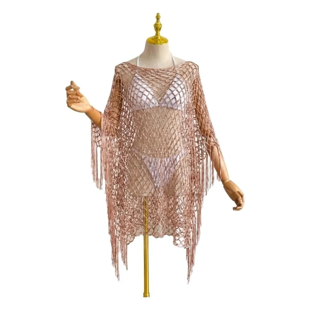 Boho Crochet Fishnet Swimsuit Cover-Up Tassel Shawl Swimsuit Cover-Up Axl Rose Gold One Size