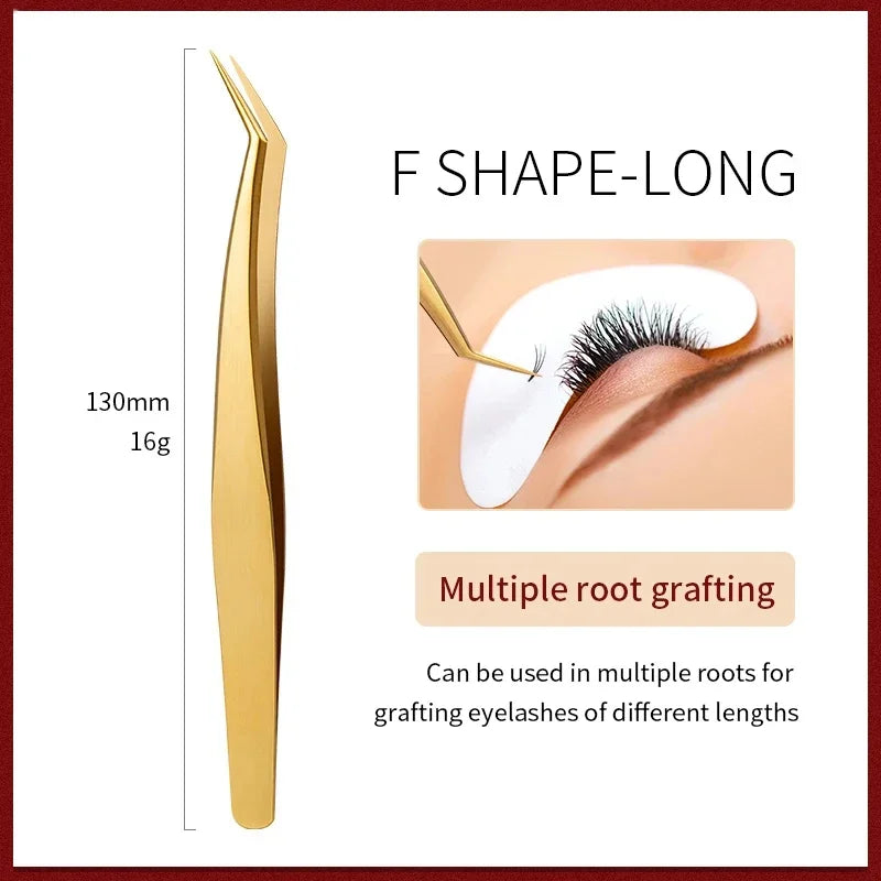 Precision 3D Lash Extension Tweezers – Stainless Steel Pro Clip Lash Extension Tweezers Axl Gold F Shape long