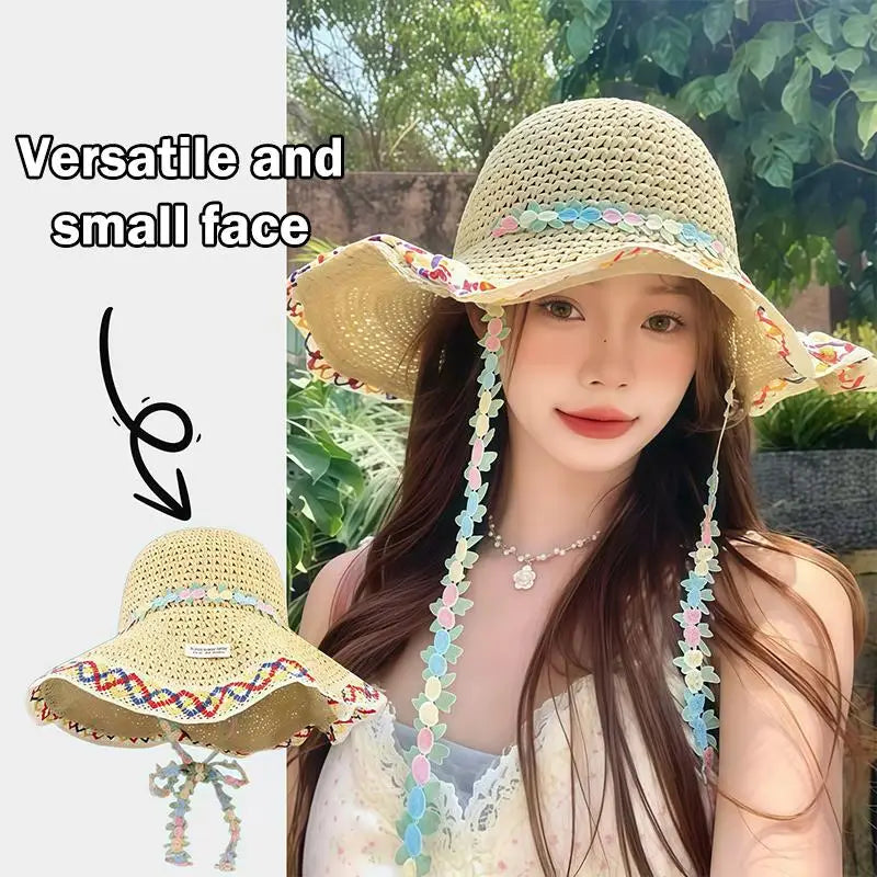 Women's Large Brim Straw Hat – Floral Bow Summer Beach Hat Wide Brim Straw Hat Axl