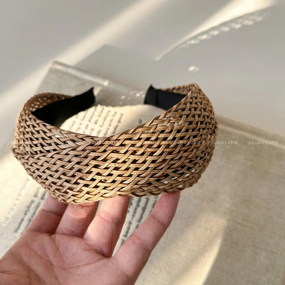 Hollow Straw Weave Headband – Boho Wide Hair Hoop for Women Woven Hair Headband Axl Coffee