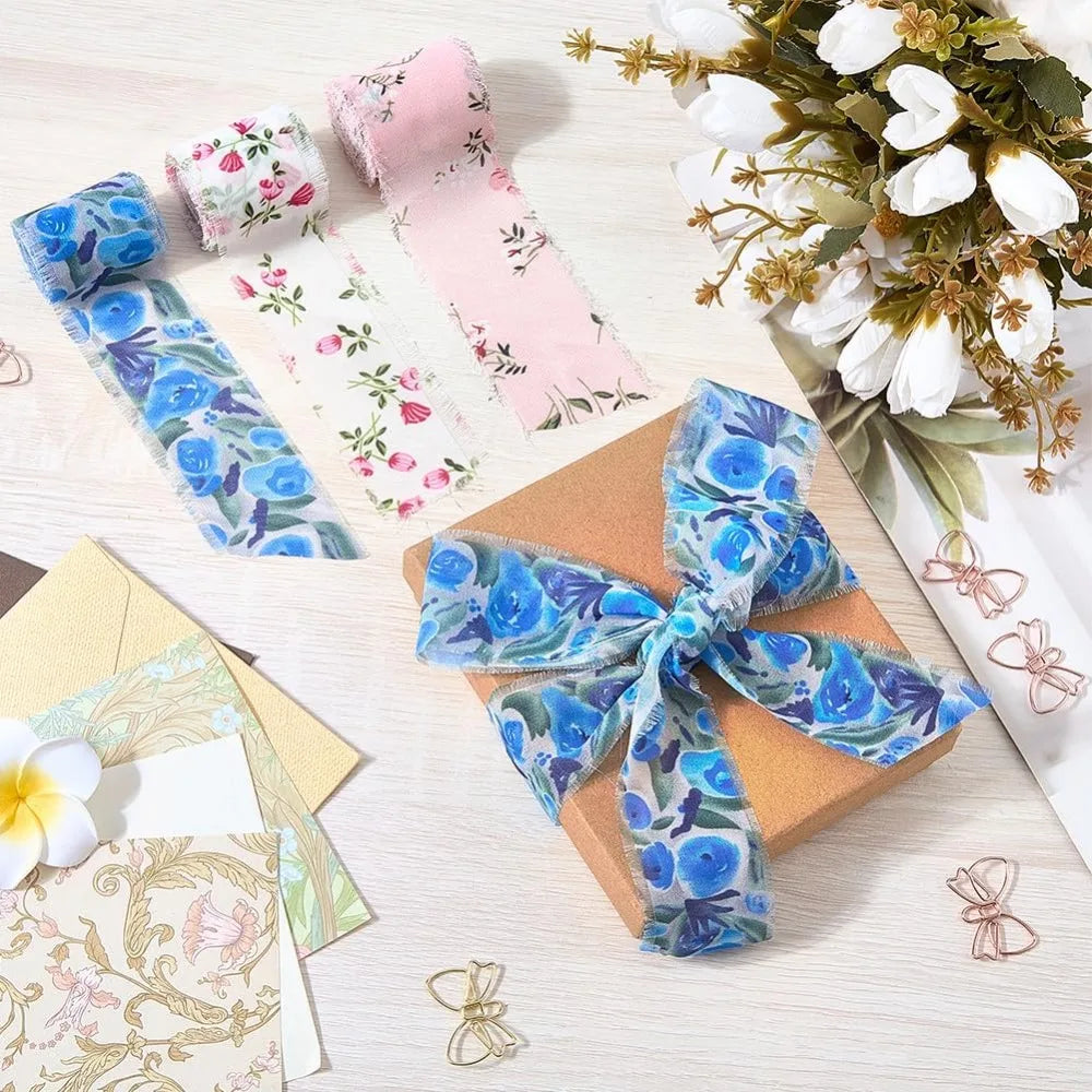 Flower Pattern Polyester Ribbon Set – 3 Rolls Fringe Raw Edge Craft Ribbon Set Axl