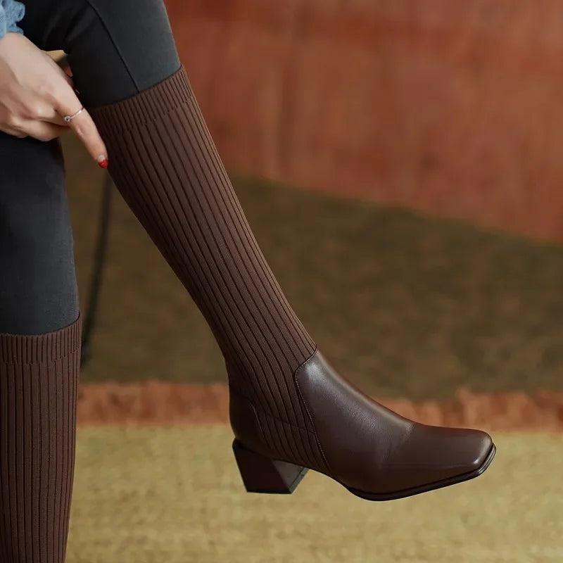 Women's Knee-High Sock Boots | Square Toe Block Heel Knee-High Sock Boots Axl Brown 41
