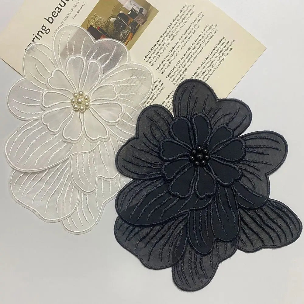 Handmade Pearl Flower Sew-On Embroidery Patches – White & Black Embroidery Sew-On Patch Axl
