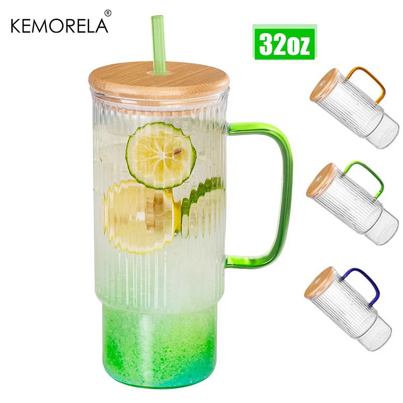 900ml Ribbed Glass Tumbler with Bamboo Lid & Straw | KEMORELA Glass Tumbler Axl