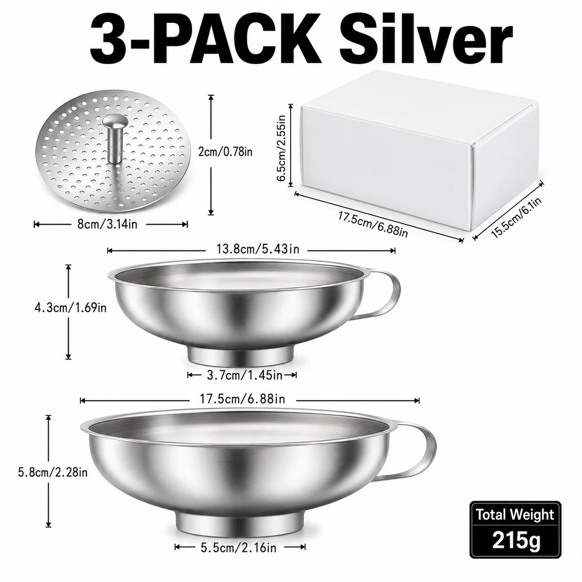 Stainless Steel Wide Mouth Canning Funnel Set with Strainer Kitchen Funnel Set Axl 3 Pack Set Silver