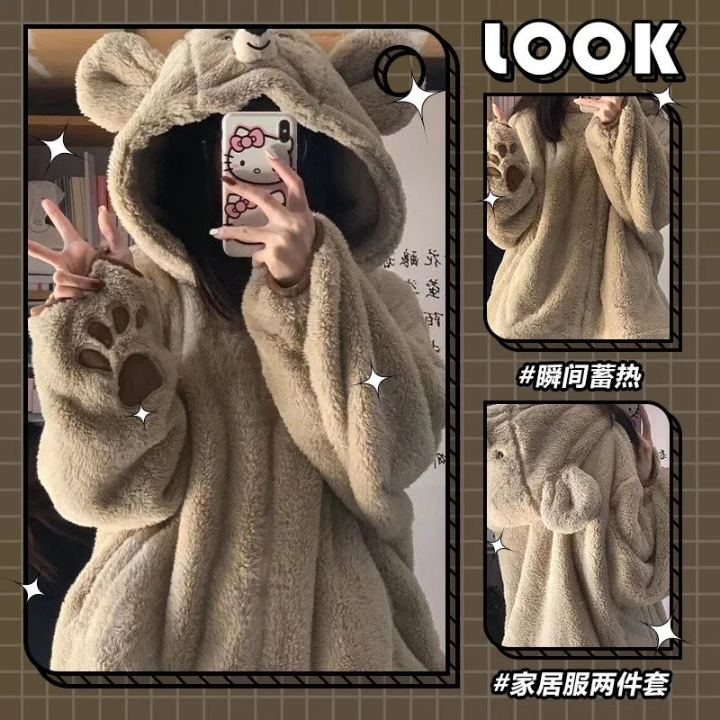 Bear Ear Hooded Pajama Set – Cozy Coral Fleece Women's Sleepwear Hooded Pajama Set Axl