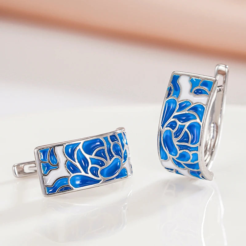 Huitan Blue Flower Hoop Earrings – Women's Silver Jewelry Hoop Earrings Axl