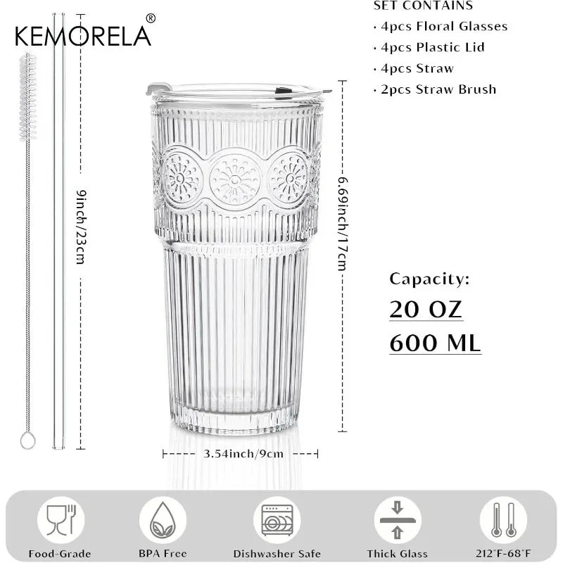 KEMORELA 600ml Floral Glass Tumblers with Lid & Straw | 1-2 Pack Glass Tumbler Set Axl