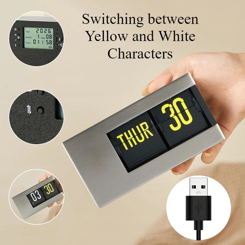 Flip Clock Calendar Desk Clock – Silent Minimalist Tabletop Decor Flip Desk Clock Axl Sliver