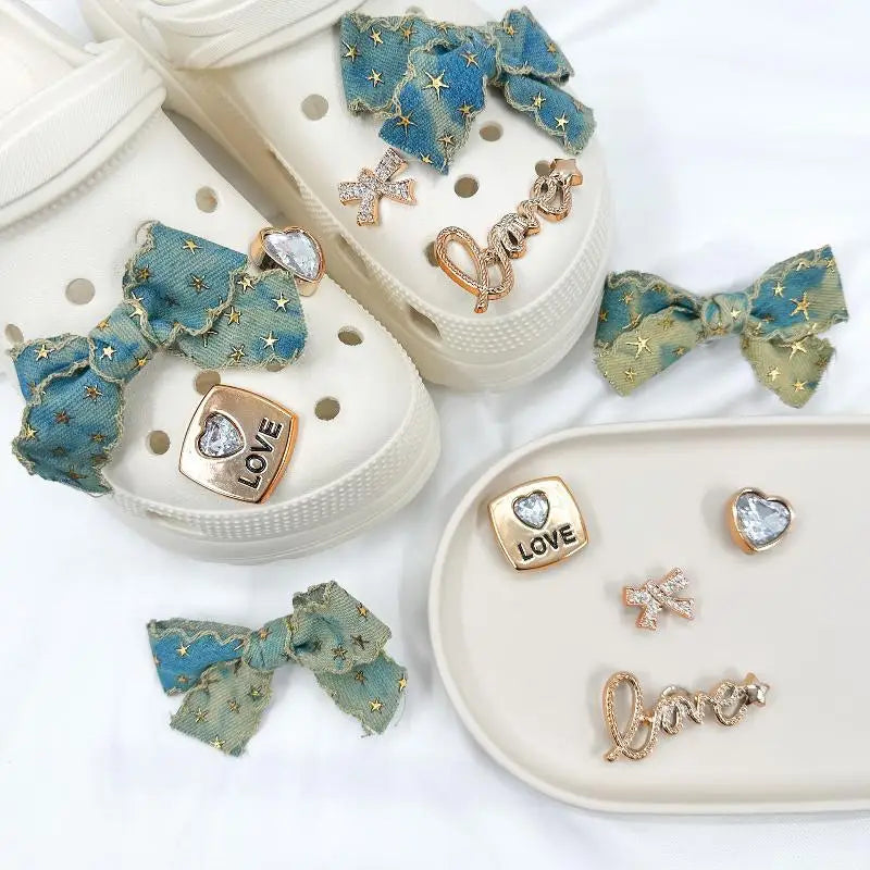Denim Bow Rhinestone Shoe Charms DIY Decoration Kit – 6pc Shoe Charm Set Axl