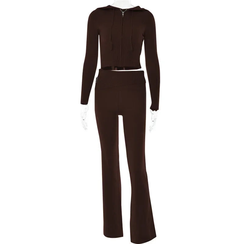 Women's Ribbed Knit Tracksuit – Hooded Crop Top & Flare Pants Women's Tracksuit Set Axl Brown S