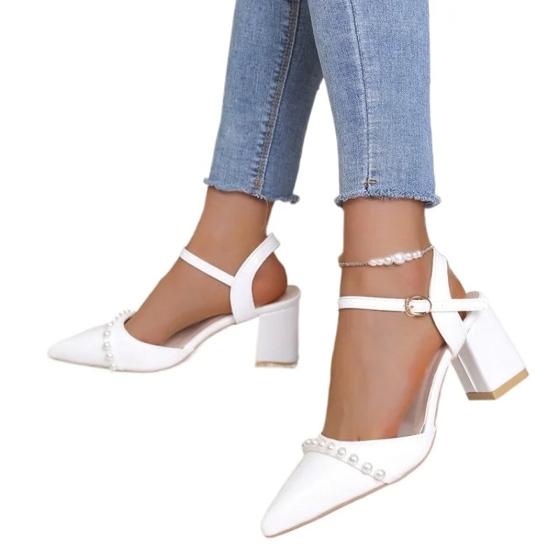 Women's Rhinestone Block Heel Cutout Sandals – Pointed Toe Block Heel Sandals Axl