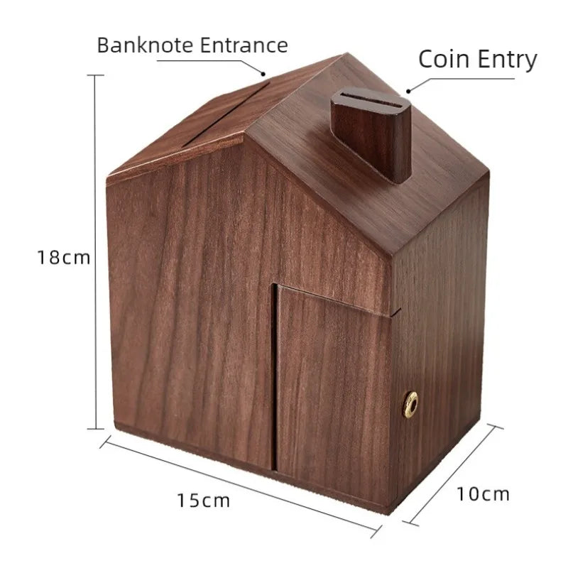 Wooden Piggy Bank with Lock – House-Shaped Money Box Wooden Money Box Axl Brown-Walnut Wood