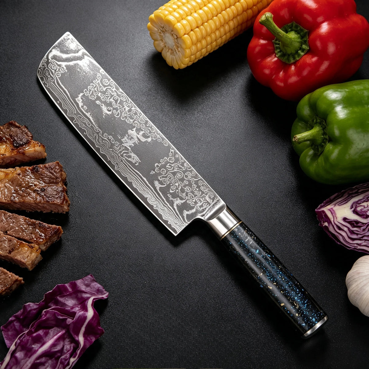 67-Layer Damascus Steel Nakiri Knife – Kitchen Slicing Blade Damascus Kitchen Knife Axl