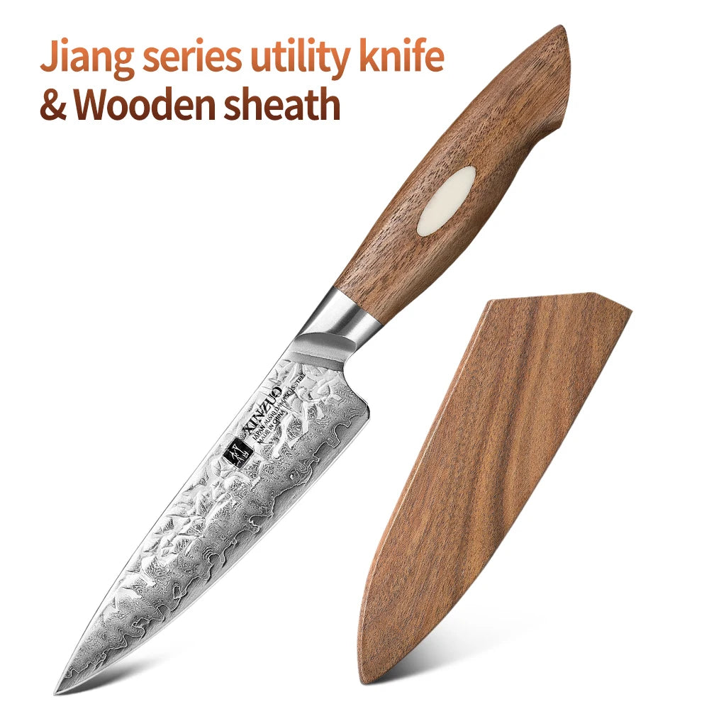 XINZUO 5" AUS10 Damascus Utility Knife – Walnut Handle Damascus Utility Knife Axl with Wooden sheath China Mainland