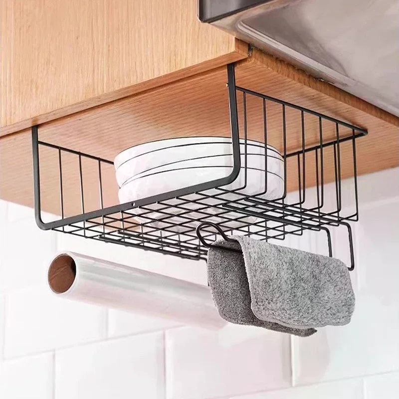 No-Drill Under-Table Hanging Iron Storage Basket & Shelf Hanging Storage Basket Axl