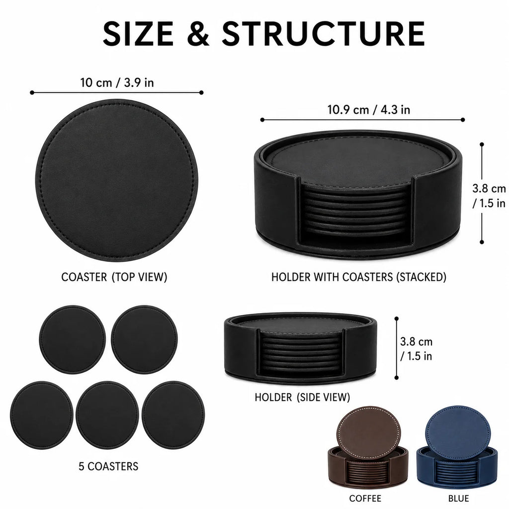 6-Piece PU Leather Coasters with Holder – Waterproof & Heat Resistant Leather Coaster Set Axl