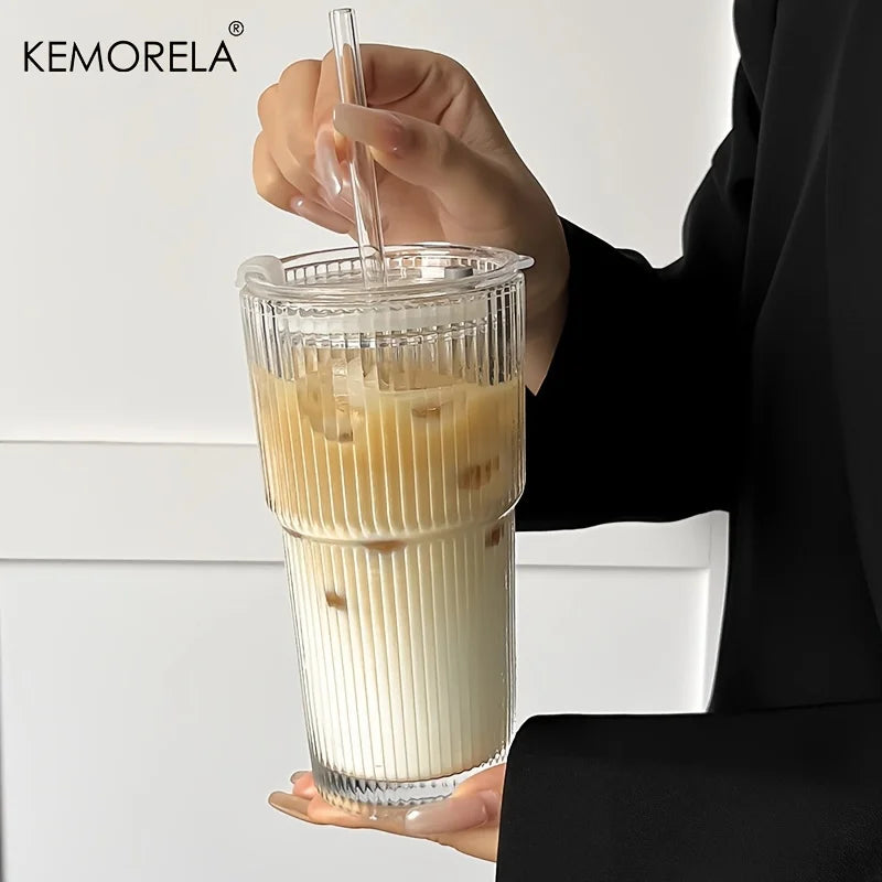 KEMORELA 600ml Striped Glass Cup with Lid & Straw | Iced Drinks Glass Drinking Cup Axl